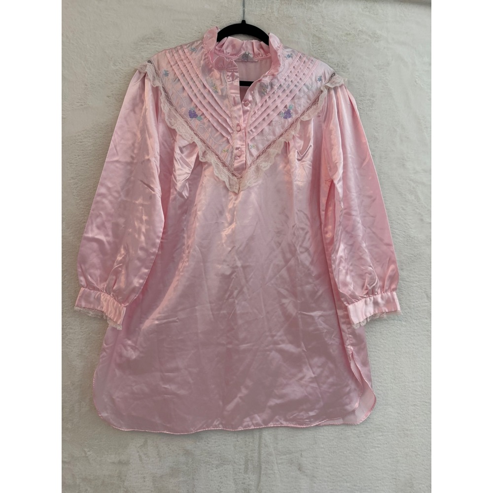 Jodie Arden Intimates Pink Satin Nightgown Large Floral Lace Trim Long Sleeve L